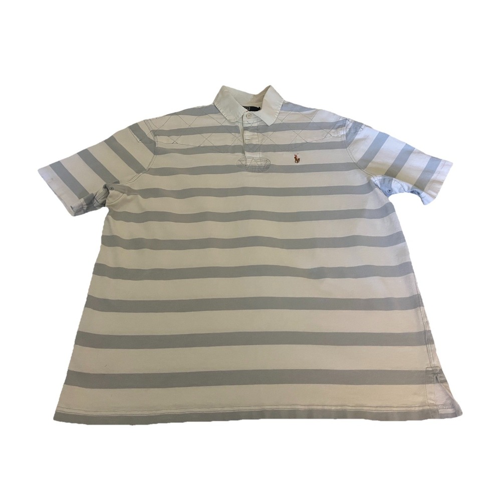 Vtg Polo Ralph Lauren Men's L Rugby Polo Shirt Short Sleeve Blue White Stripe